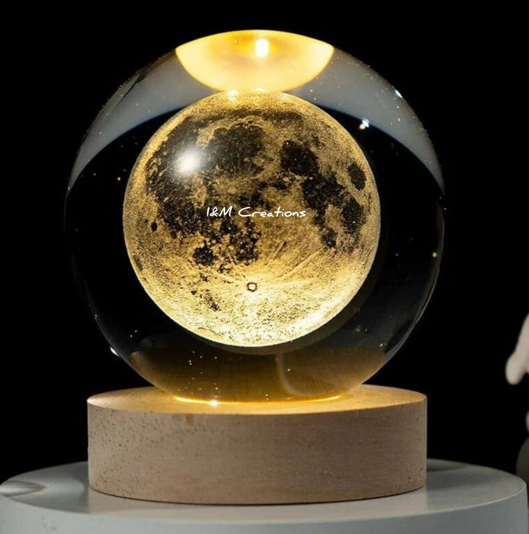 Mystic 3D Moon crystal LED night light Lamp with Wooden Base Magical Warm Light
