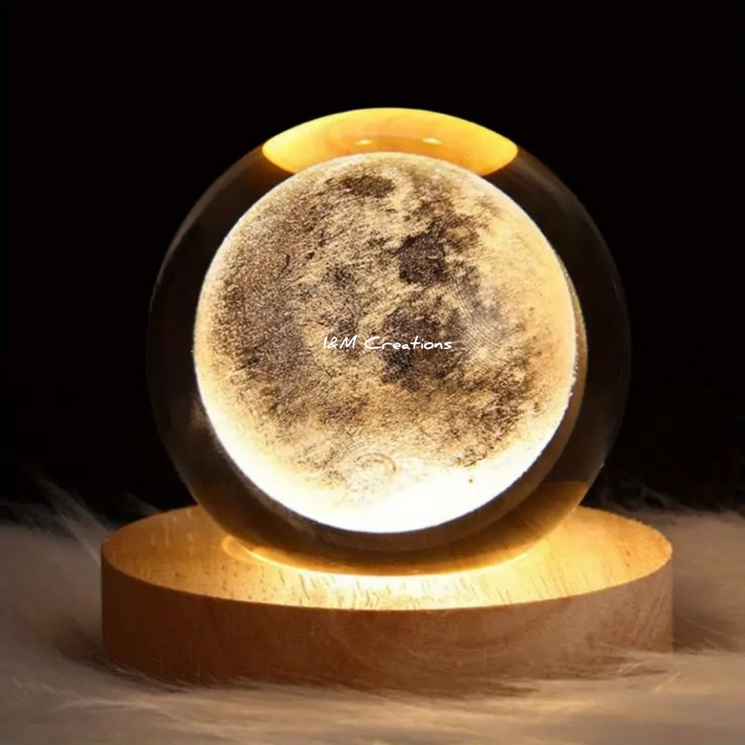 Mystic 3D Moon crystal LED night light Lamp with Wooden Base Magical Warm Light