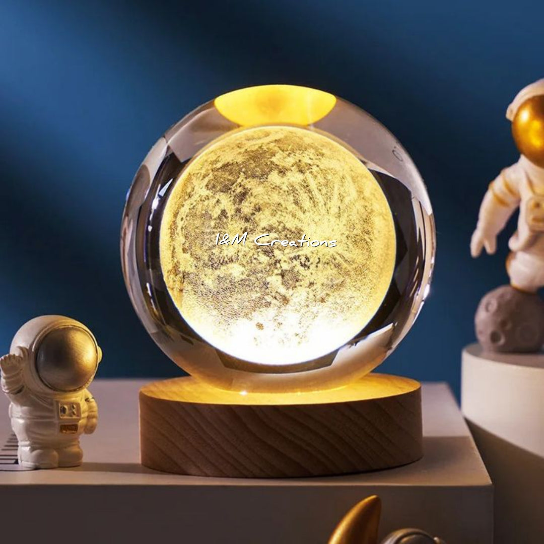 Mystic 3D Moon crystal LED night light  Lamp with Wooden Base Magical Warm Light