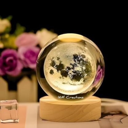Mystic 3D Moon crystal LED night light  Lamp with Wooden Base Magical Warm Light
