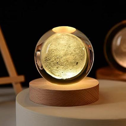 Mystic 3D Moon crystal LED night light  Lamp with Wooden Base Magical Warm Light