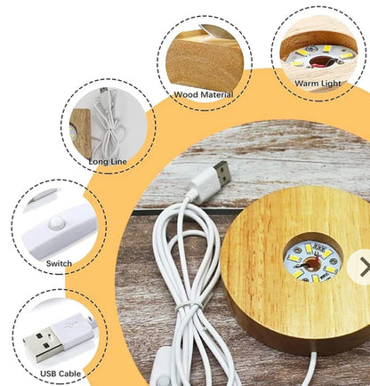 Mystic 3D Moon crystal LED night light  Lamp with Wooden Base Magical Warm Light
