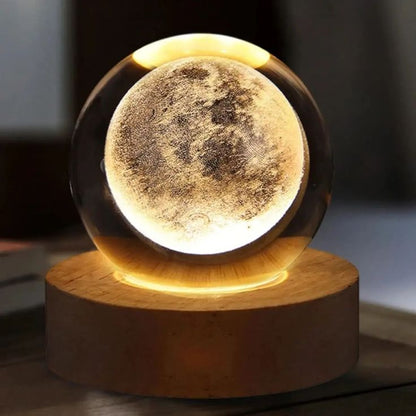 Mystic 3D Moon crystal LED night light  Lamp with Wooden Base Magical Warm Light