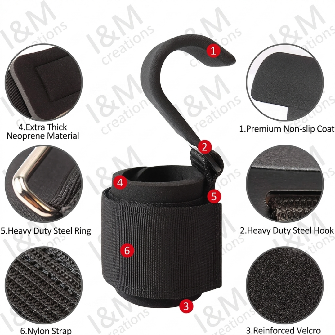 I&M Creations Pro Gym Lifting Hooks with Wrist Support - For both male & female.(PAIR)