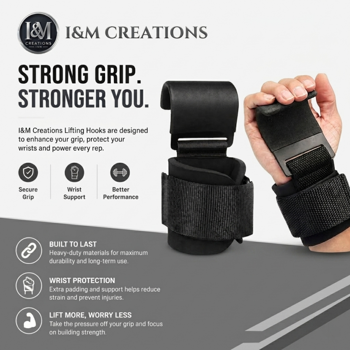 I&M Creations Pro Gym Lifting Hooks with Wrist Support - For both male & female.(PAIR)